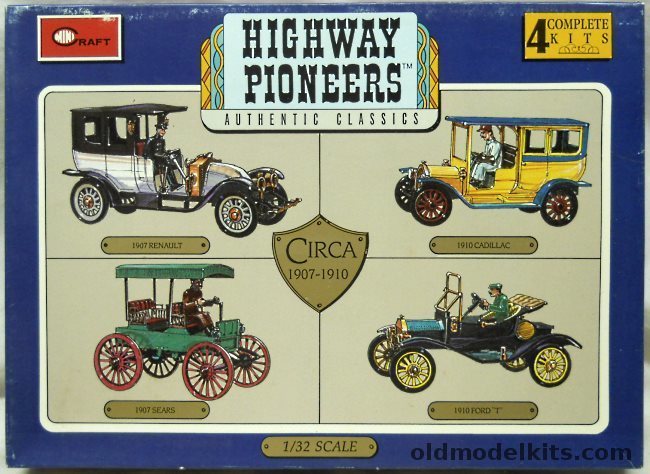 Minicraft 1/32 Highway Pioneers (Ex-Gowland/Revell) 1907 Renault / 1910 Cadillac / 1907 Sears Buggy / 1910 Ford T, 1502 plastic model kit